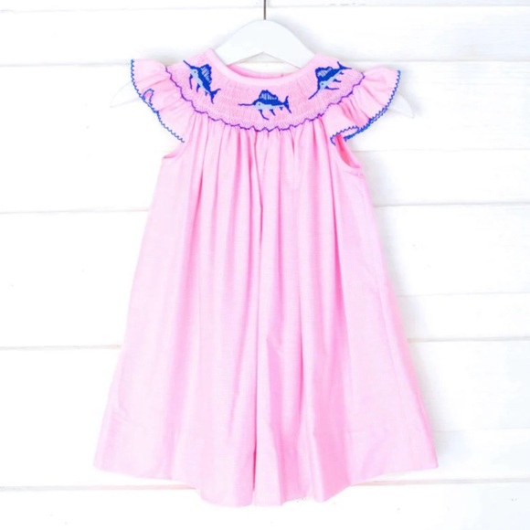 Southern Sunshine The Swordfish Smocked Light Pink Gingham Bishop Dress NWT - Picture 1 of 10